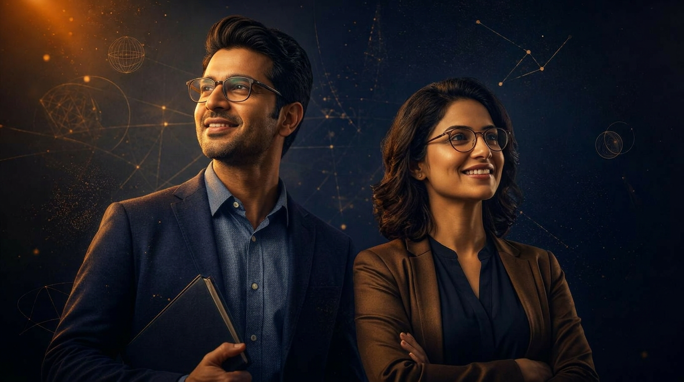Two educators, a male and female teacher, illuminated by warm bronze and amber light against a cosmic backdrop