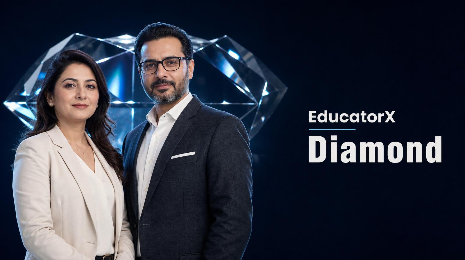 A master educator's teaching practice visualised as a luminous platinum-silver diamond