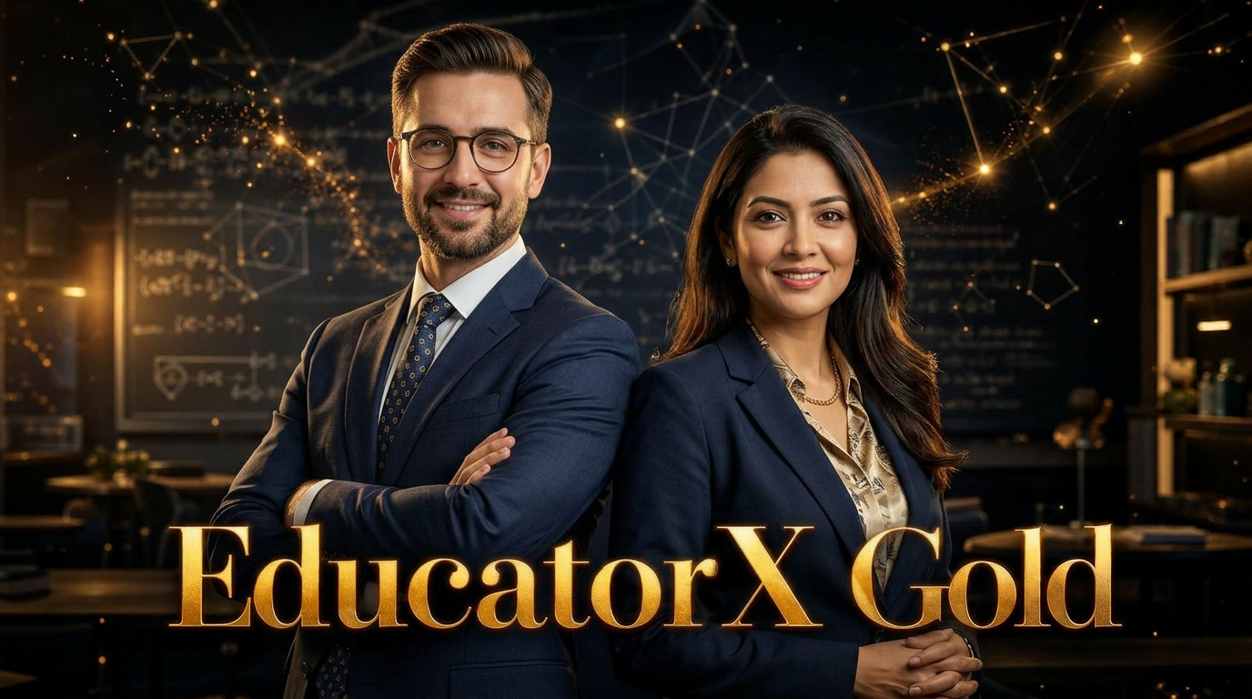 Two professional educators standing together in a warmly lit classroom, lit by golden rim light against deep navy