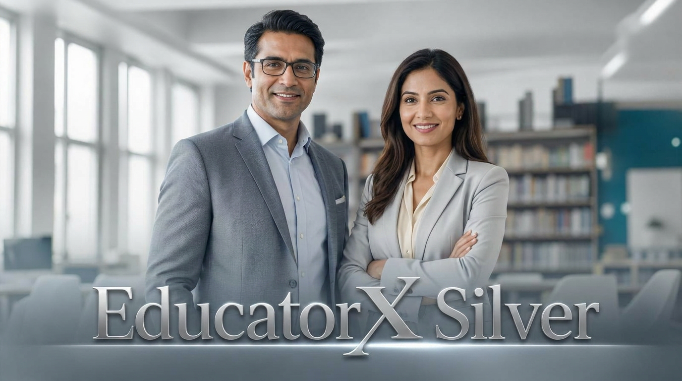 Two North Indian educators in a silver-themed classroom representing the EducatorX Silver journey