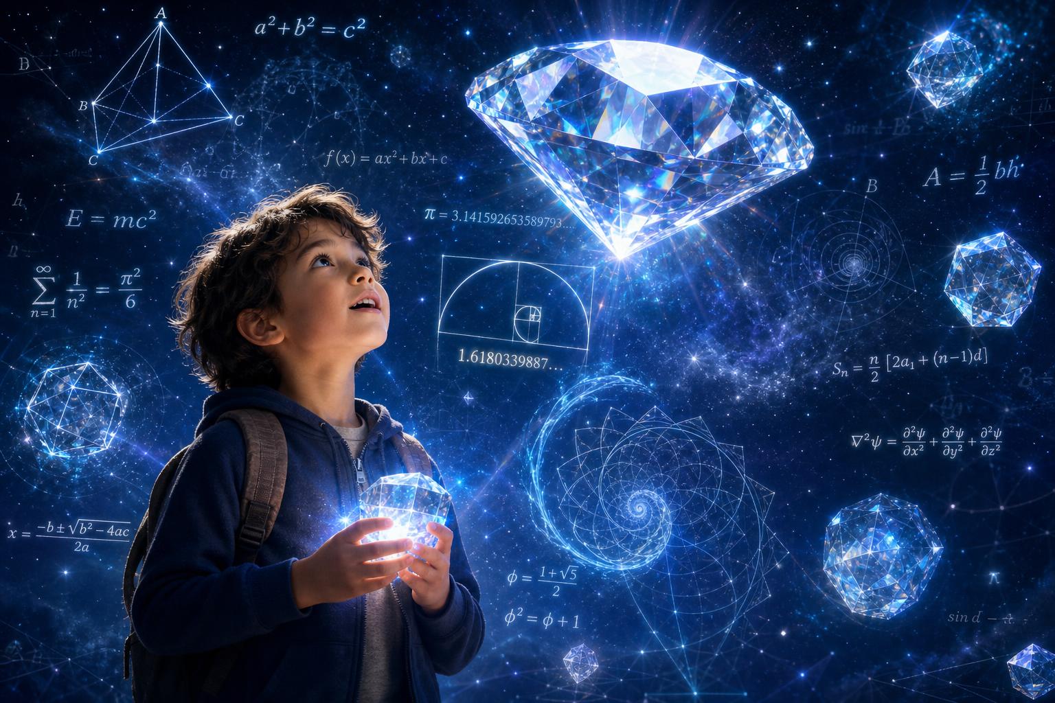 A child's mathematical mind visualized as a brilliant platinum-silver diamond nebula