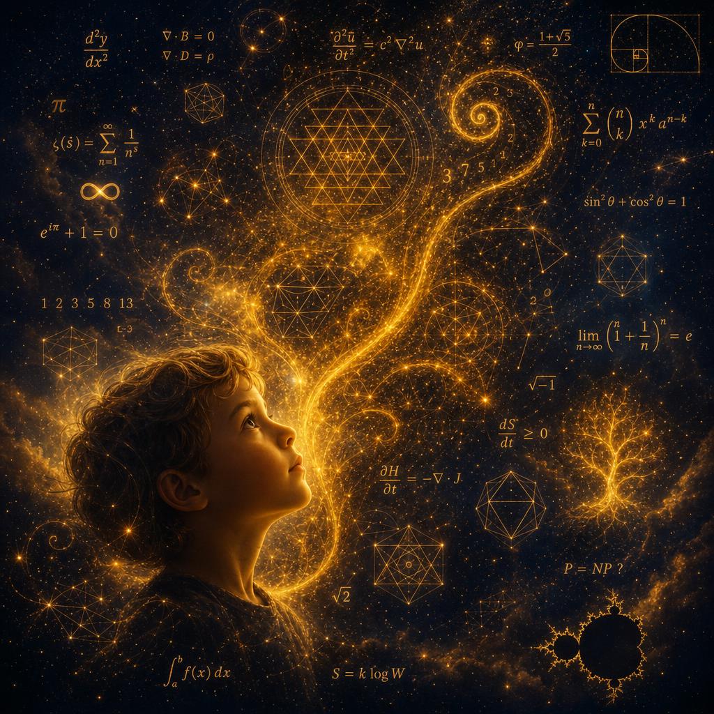 A child's mathematical mind visualized as a golden nebula of cosmic geometry and constellations