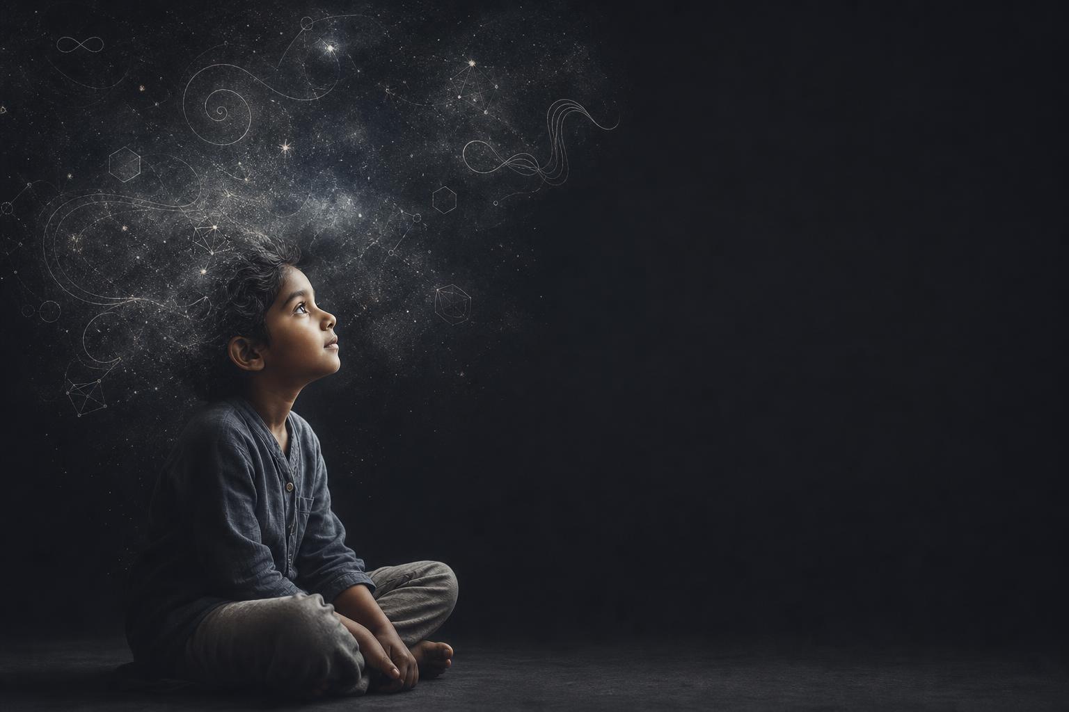 A child's mathematical mind visualized as a silver nebula of cosmic geometry and constellations