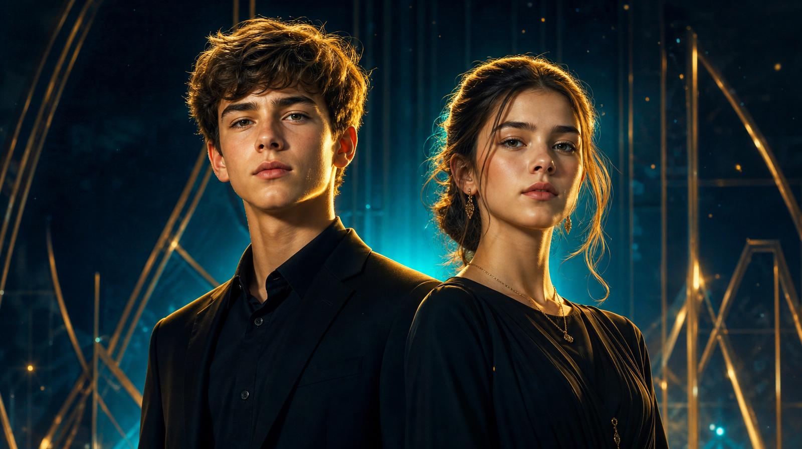 A teenage boy and a teenage girl standing together, lit by warm gold rim light against deep navy