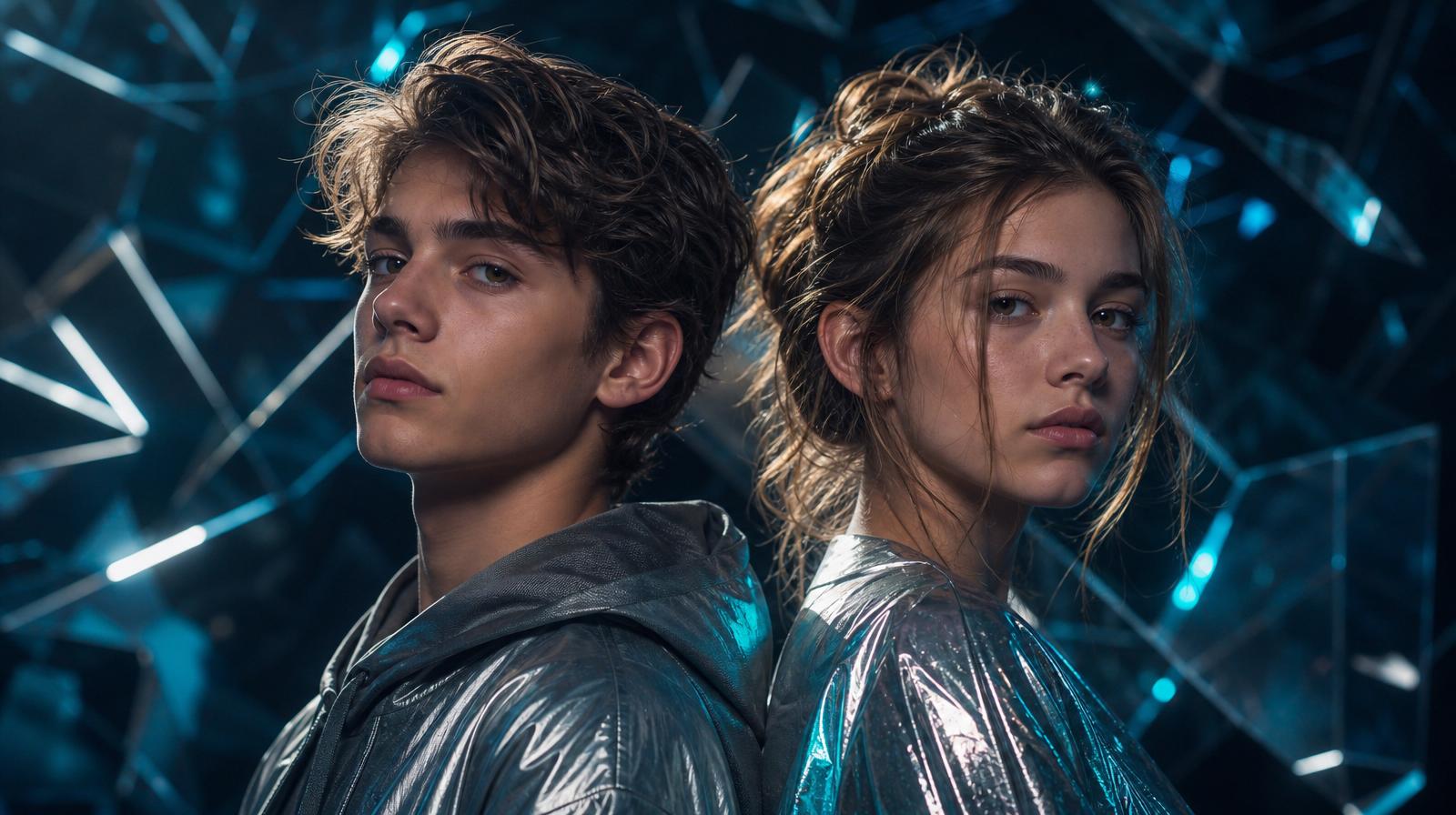 A teenage boy and girl standing together in a cosmic silver nebula, representing the TeenX Silver journey